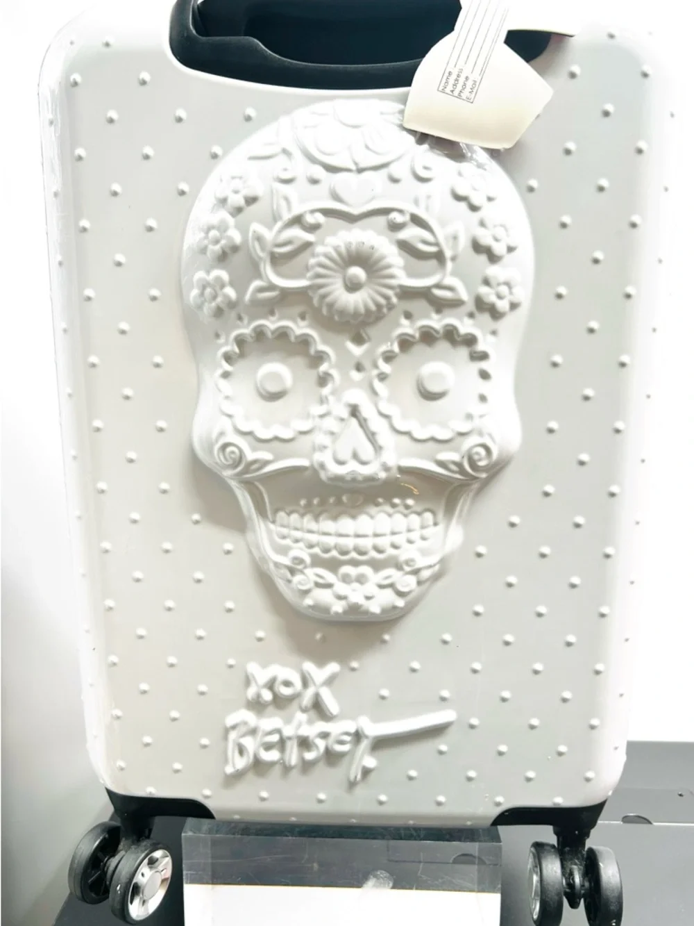 Betsey Johnson White Embossed Sugar Skull Carry-On Luggage